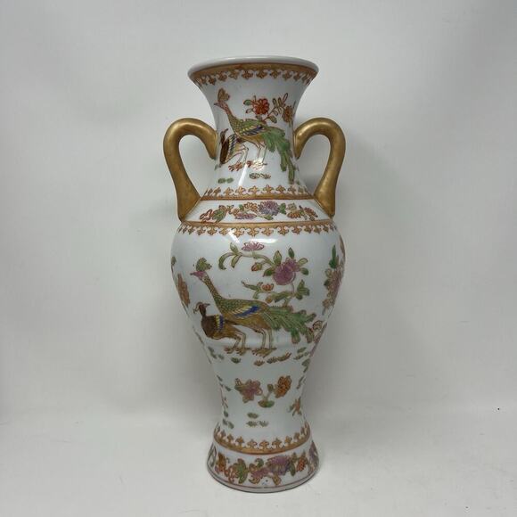 12.5" Vintage VTG Chinese Peacock Bird Vase Marked - Picture 2 of 13
